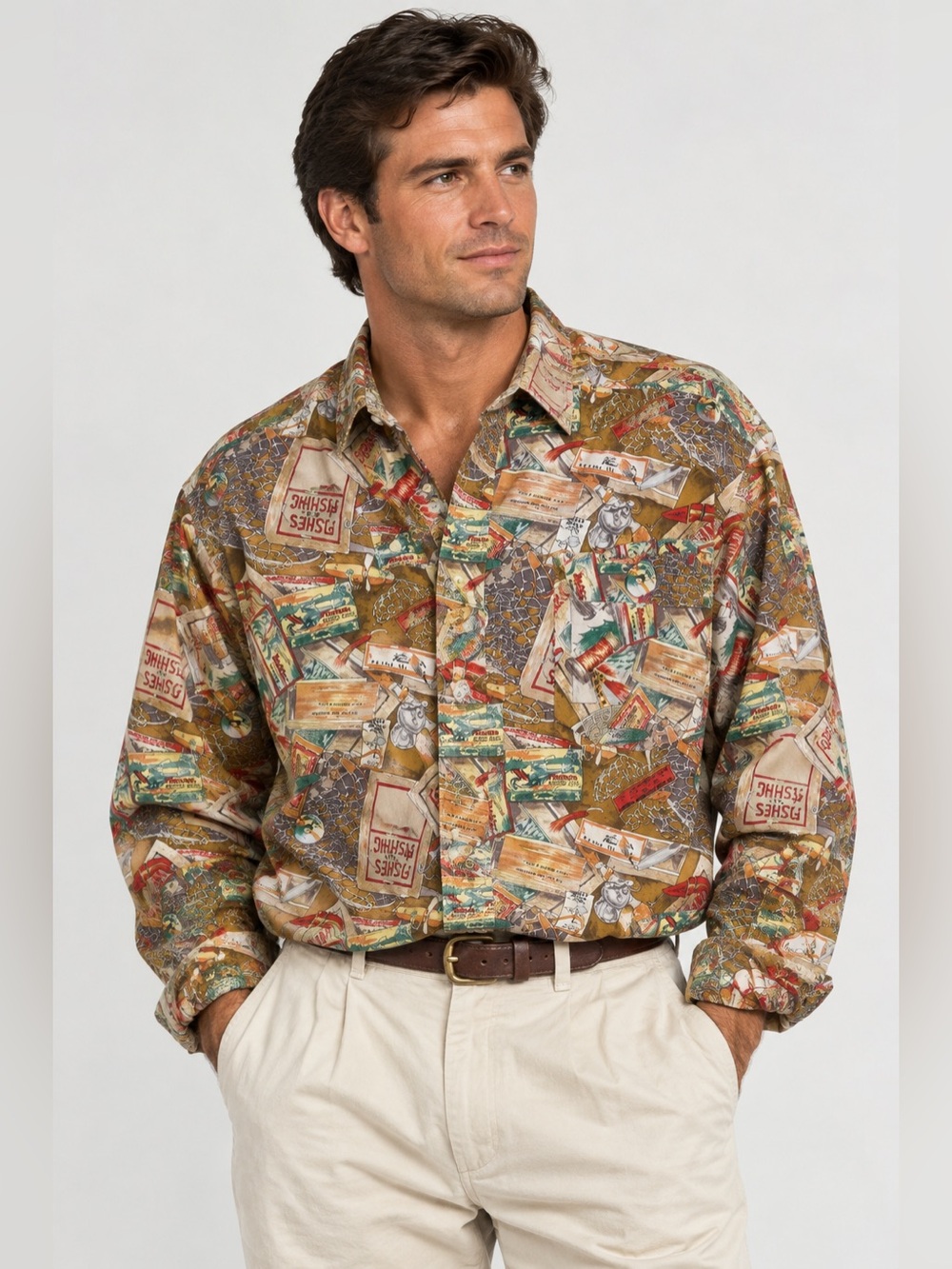 Vintage 80s 90s Banana Republic Men’s Fishing Graphic Long sleeve Shirt Large